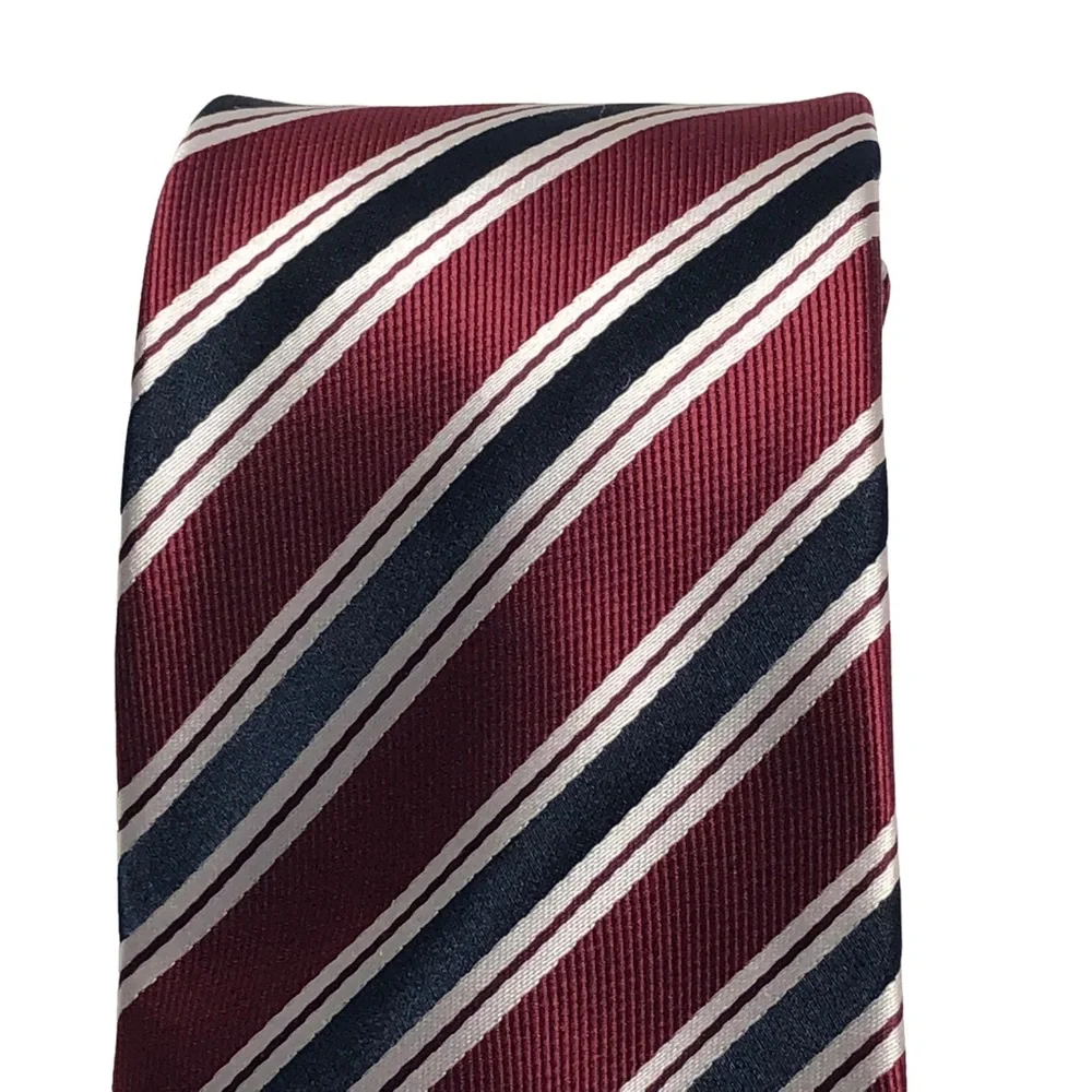 R. Junior Boy’s Maroon Navy and White Striped Microfiber Tie Size 8-10